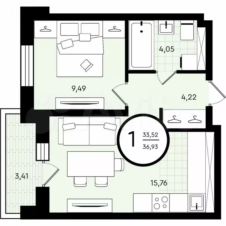 1-к. квартира, 36,9 м, 2/4 эт. - Фото 0