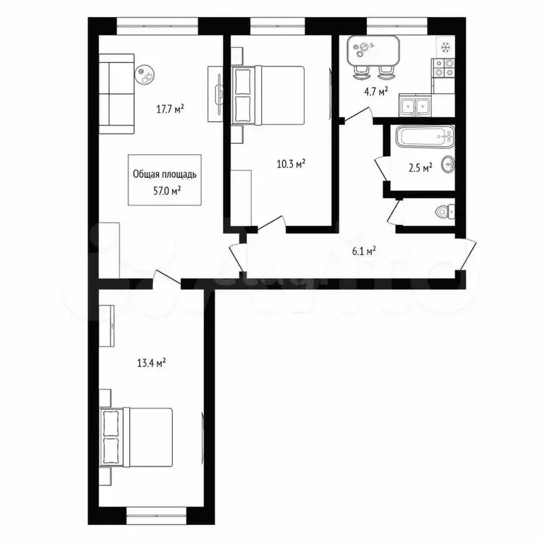 3-к. квартира, 57 м, 2/2 эт. - Фото 0