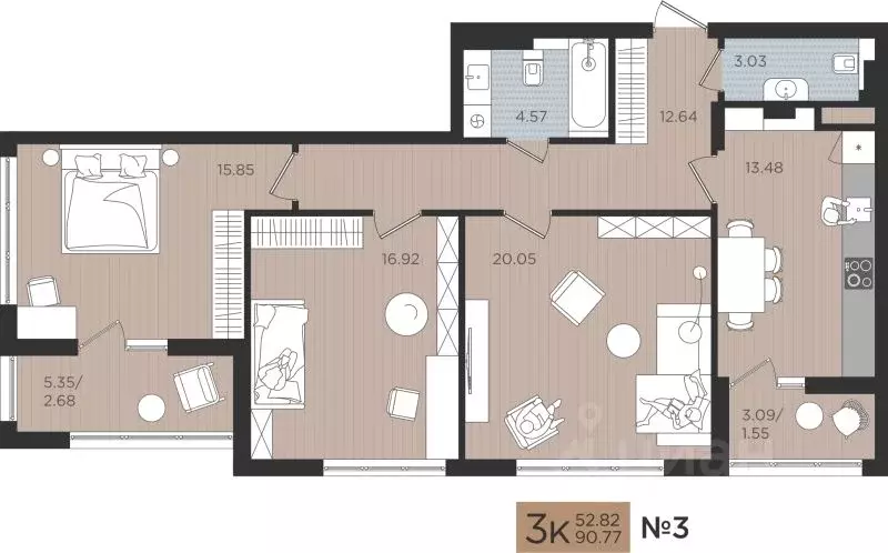 3-к кв. Калининградская область, Калининград Мой Город жилой комплекс ... - Фото 1