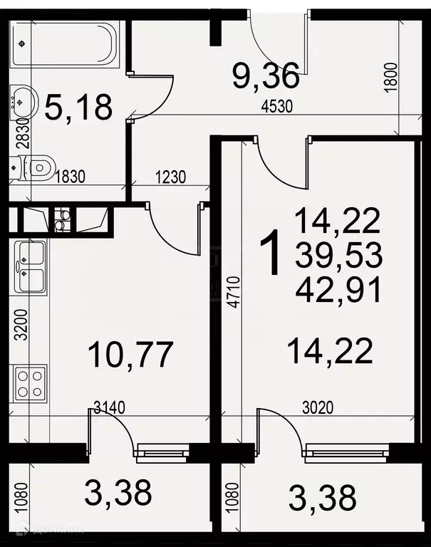 Продаётся 1-к квартира, 42.91 м - Фото 1