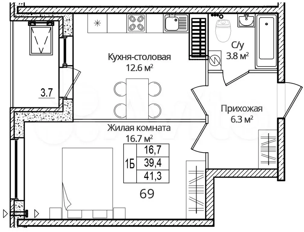 1-к. квартира, 41,3 м, 10/16 эт. - Фото 0