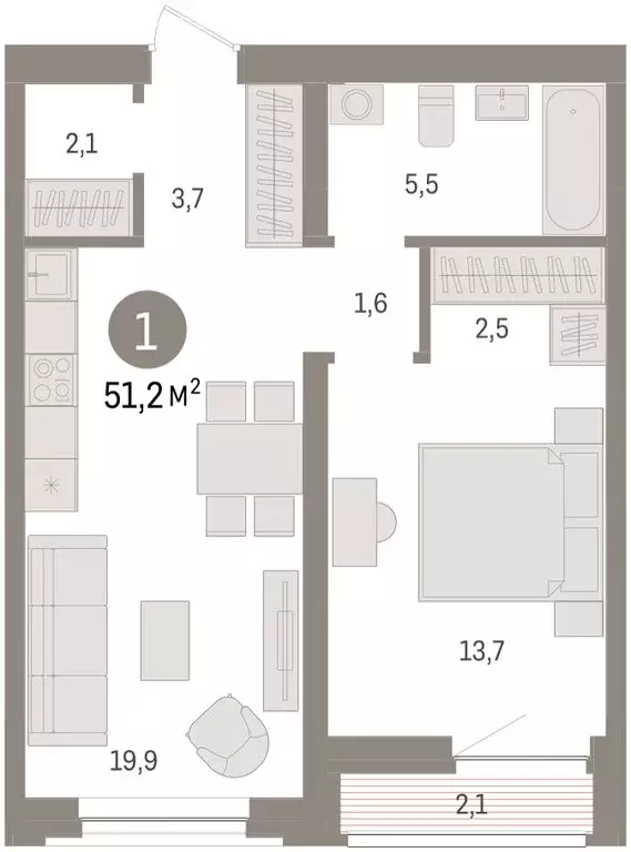 1-комнатная квартира: Тюмень, жилой комплекс Речной Порт (50.8 м) - Фото 2