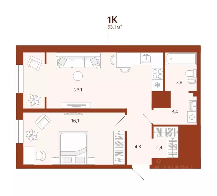 2-к кв. Тюменская область, Тюмень ул. Новаторов, 30 (53.1 м) - Фото 1