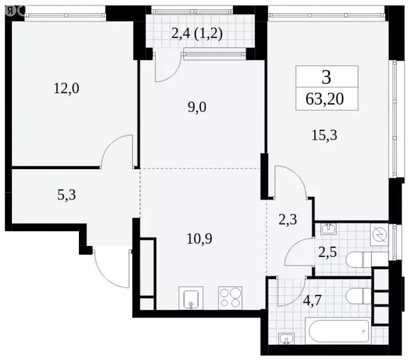 3-комнатная квартира: москва, бартеневская улица, 16 (63.2 м) - Фото 0