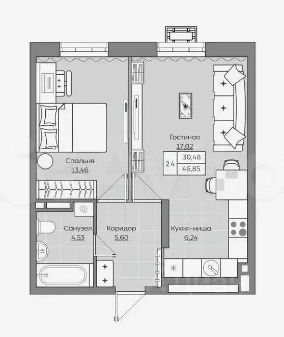 2-к кв. Татарстан, Казань ул. Оренбургский Тракт, 6 (46.9 м) - Фото 2
