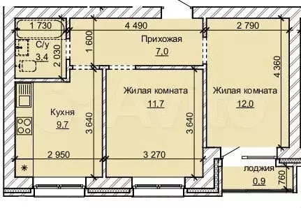 2-к. квартира, 44,7 м, 4/10 эт. - Фото 0