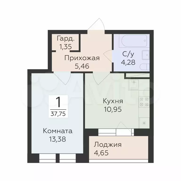 1-к. квартира, 37,8 м, 13/24 эт. - Фото 0