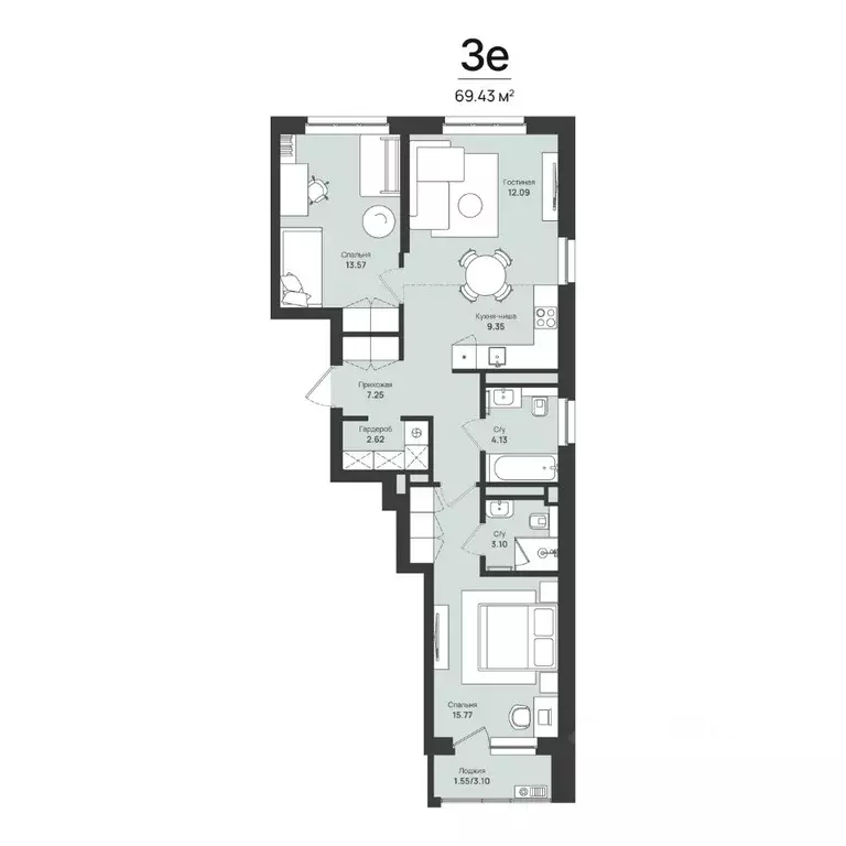 3-к кв. Пермский край, Пермь Уинская ул., 56 (69.43 м) - Фото 1