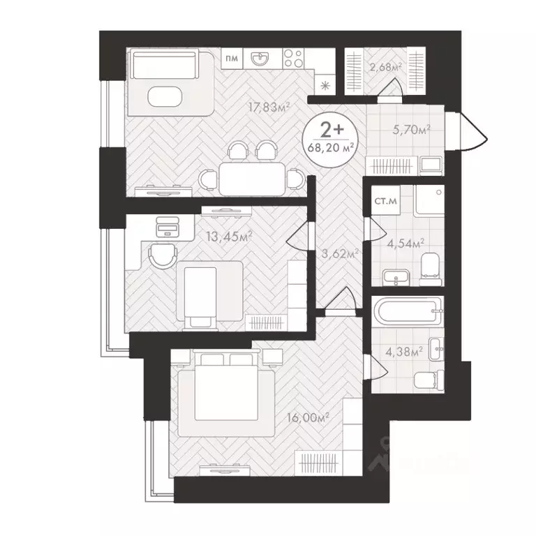 2-к кв. Башкортостан, Уфа Южный-2 мкр,  (68.2 м) - Фото 1