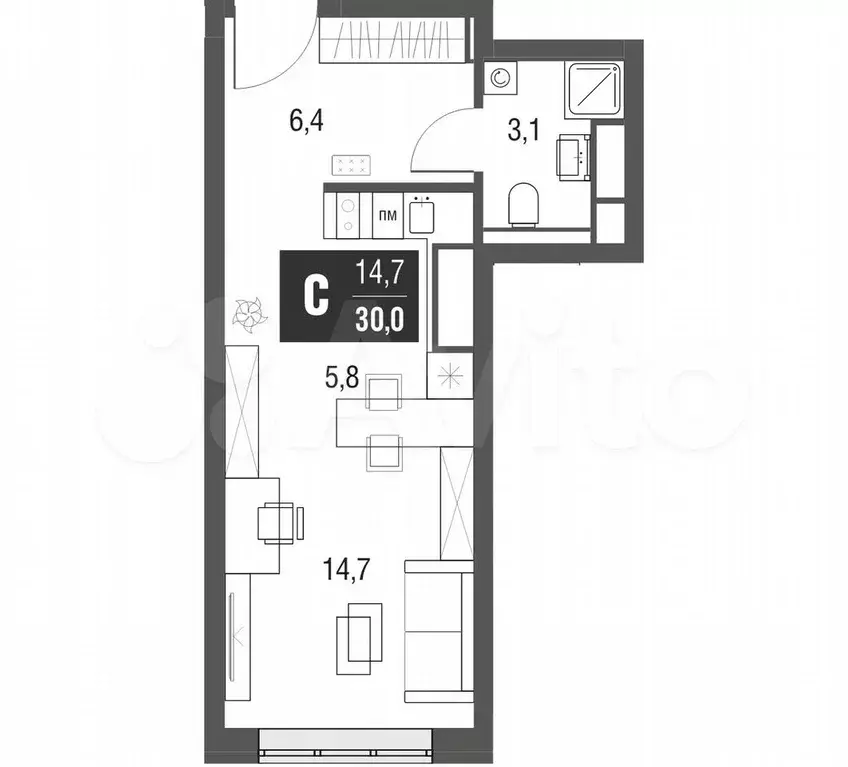 Квартира-студия, 29,8 м, 46/53 эт. - Фото 1