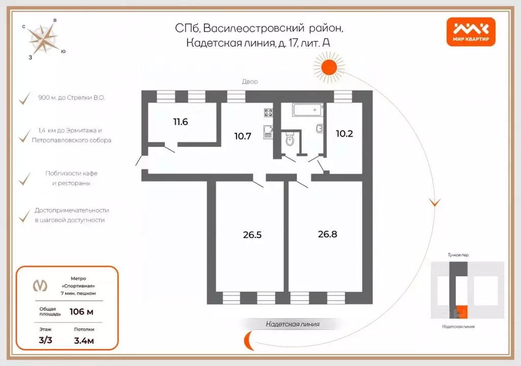 4-к кв. Санкт-Петербург Кадетская линия, 17 (106.0 м) - Фото 1