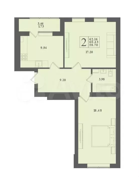 2-к. квартира, 62,2 м, 1/4 эт. - Фото 1