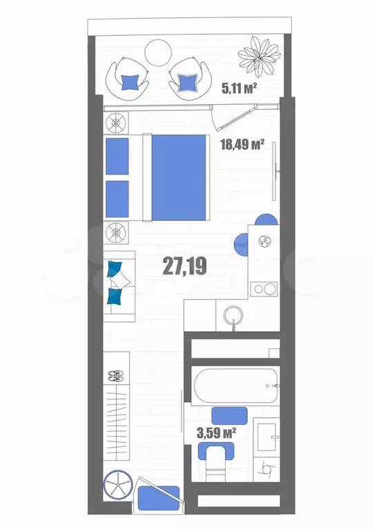 Апартаменты-студия, 27,2 м, 15/22 эт. - Фото 0