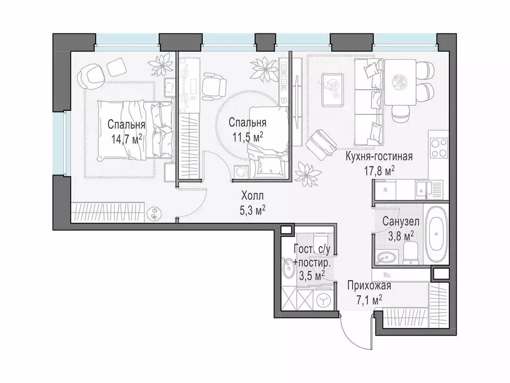 2-комнатная квартира: Мытищи, жилой комплекс Белый Grad, к11.3 (63.7 ... - Фото 1