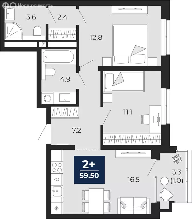 2-комнатная квартира: Тюмень, проезд Капитана Куликова, 7 (59.5 м) - Фото 1