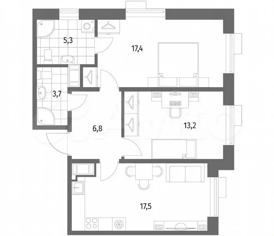 2-к. квартира, 63,9 м, 4/8 эт. - Фото 1