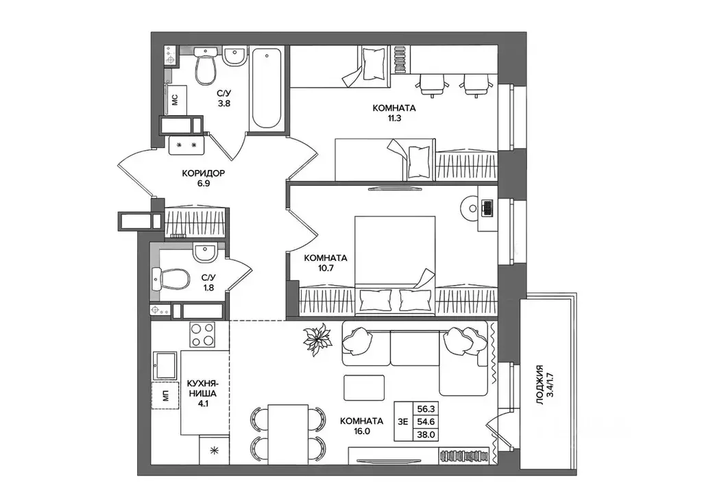 3-к кв. Пермский край, д. Кондратово  (56.3 м) - Фото 1