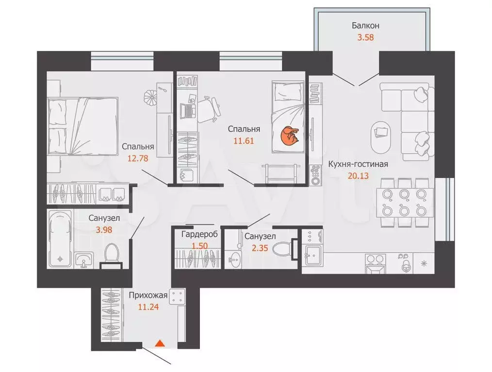 2-к. квартира, 65 м, 2/9 эт. - Фото 0