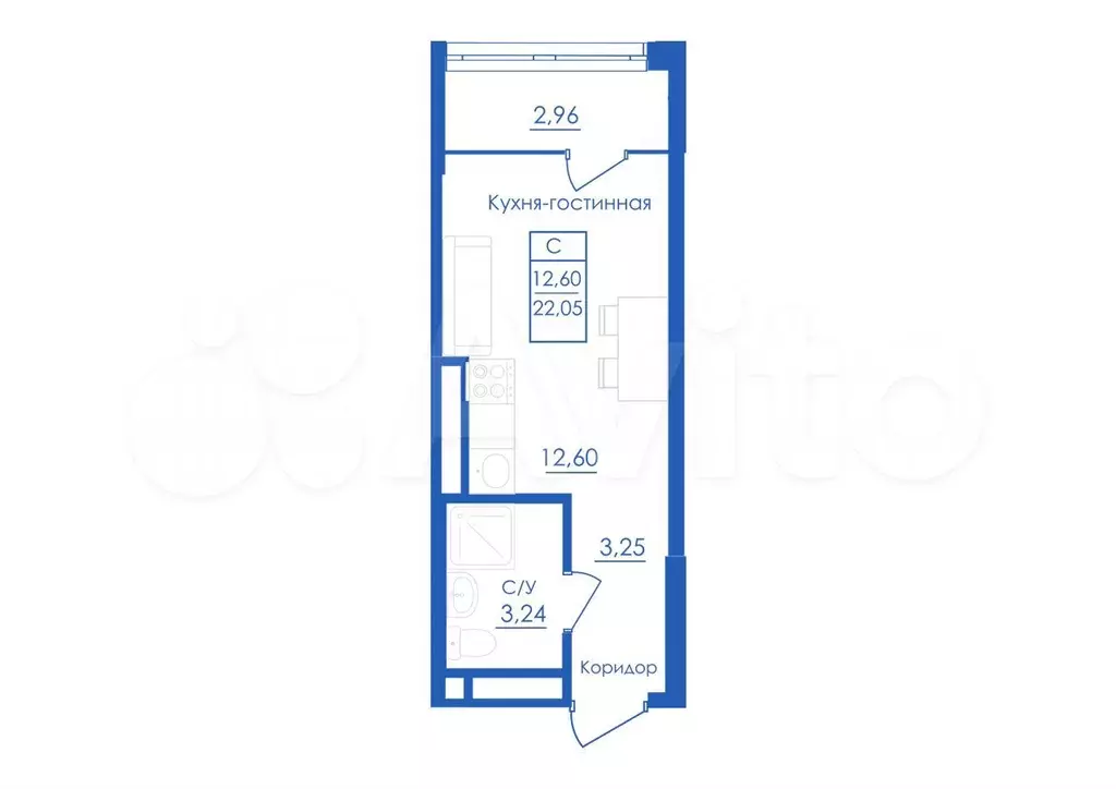 Квартира-студия, 22,1 м, 13/25 эт. - Фото 1