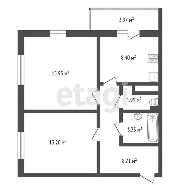 2-комнатная квартира: Тюмень, улица Раушана Абдуллина, 2 (52.2 м) - Фото 1