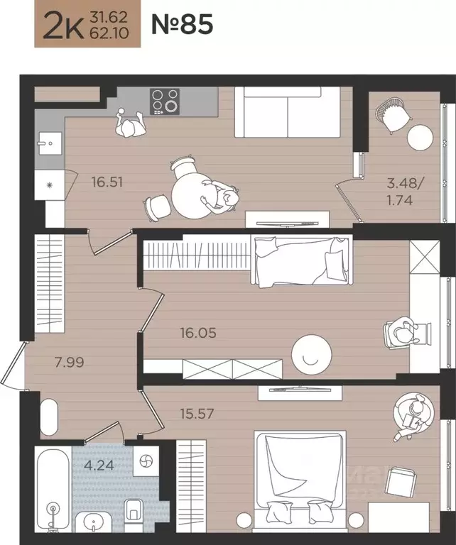 2-к кв. Калининградская область, Калининград Мой Город жилой комплекс ... - Фото 1