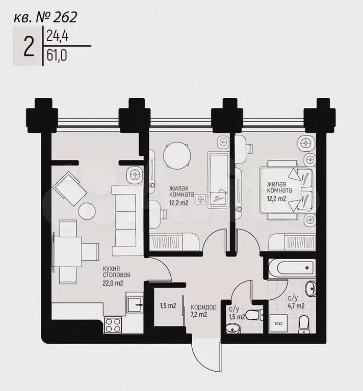 2-к. квартира, 61 м, 3/20 эт. - Фото 0