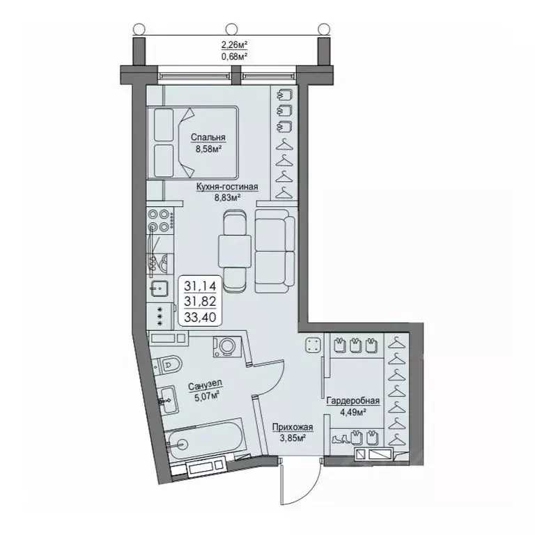 1-к кв. Приморский край, Владивосток ул. Мыс Кунгасный, 3Б (31.82 м) - Фото 1