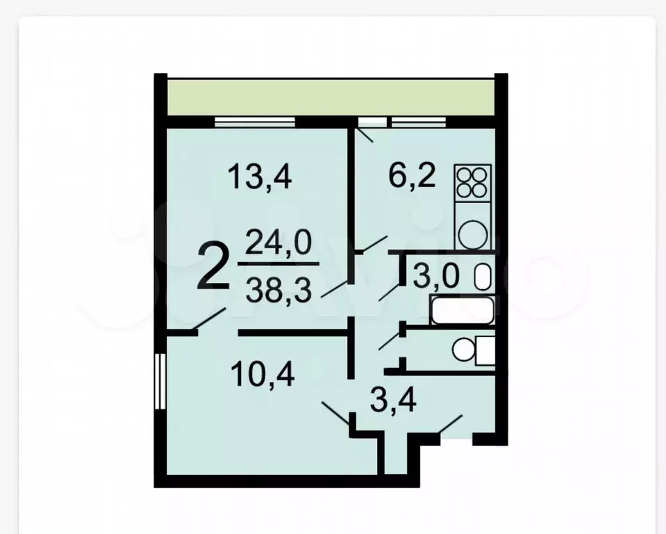 2-к. квартира, 38,6 м, 9/14 эт. - Фото 0