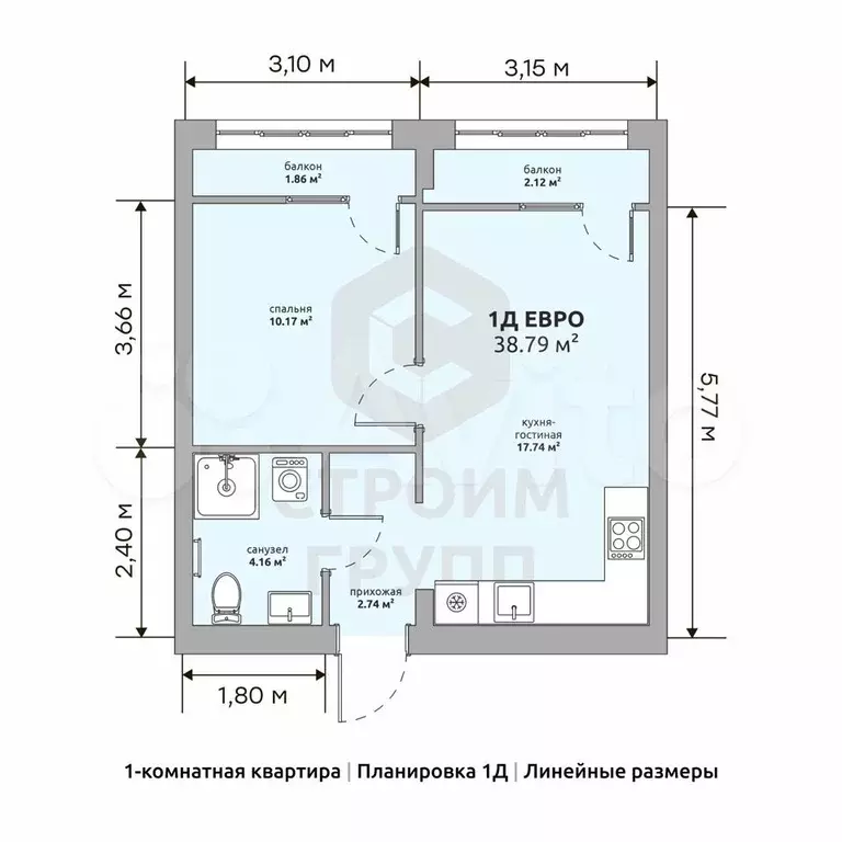 1-к. квартира, 38,8 м, 3/15 эт. - Фото 1