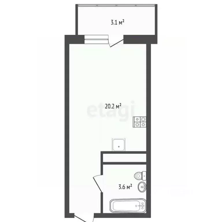 Студия Тюменская область, Тюмень ул. Тимофея Чаркова, 28 (24.0 м) - Фото 2