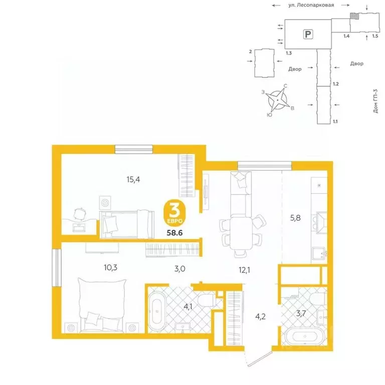 3-к кв. Тюменская область, Тюмень ул. Лесопарковая, 22 (58.6 м) - Фото 0