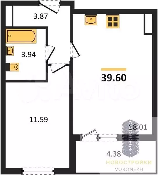 1-к. квартира, 39,6 м, 9/10 эт. - Фото 0