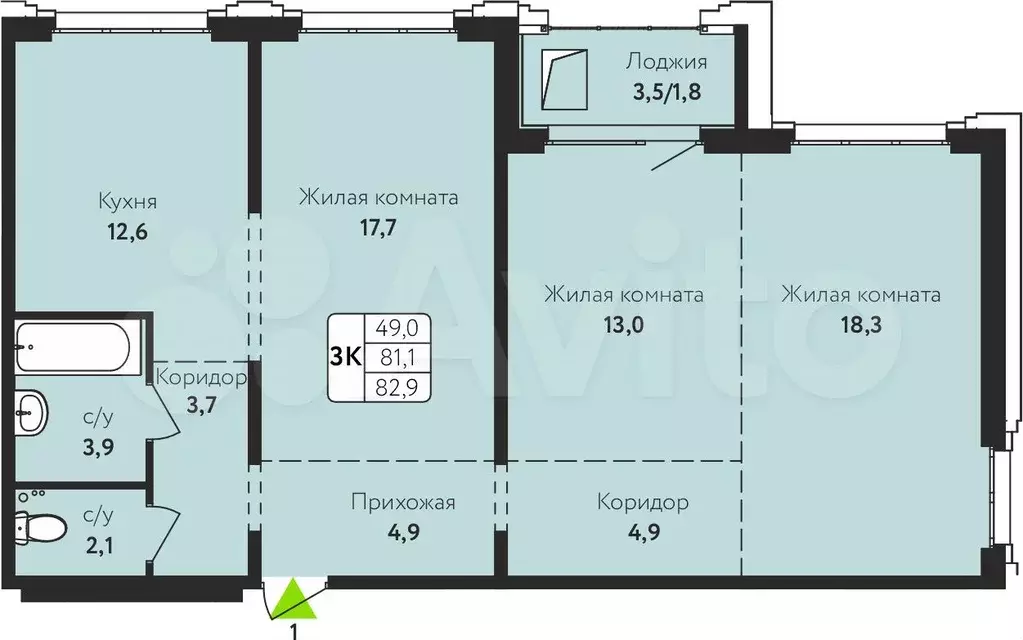 3-к. квартира, 82,9 м, 12/16 эт. - Фото 1