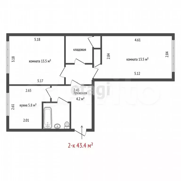 2-к. квартира, 43,4 м, 1/5 эт. - Фото 0