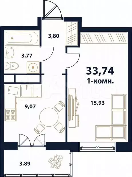 1-к. квартира, 33,7м, 6/16эт. - Фото 0