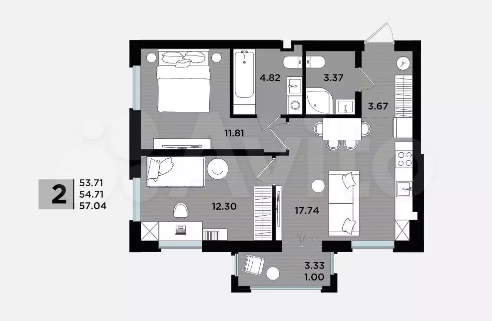 2-к. квартира, 54,7 м, 2/5 эт. - Фото 1