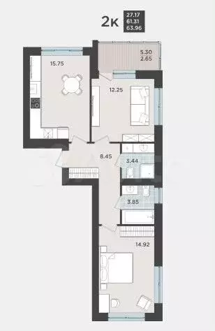 2-к. квартира, 64 м, 1/9 эт. - Фото 1