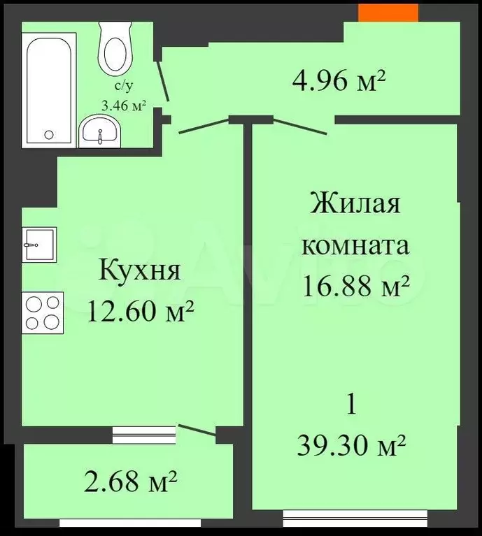 1-к. квартира, 38,8 м, 7/15 эт. - Фото 0