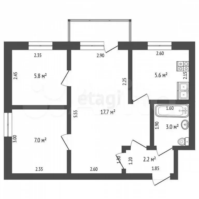 2-к. квартира, 41,3 м, 3/4 эт. - Фото 0