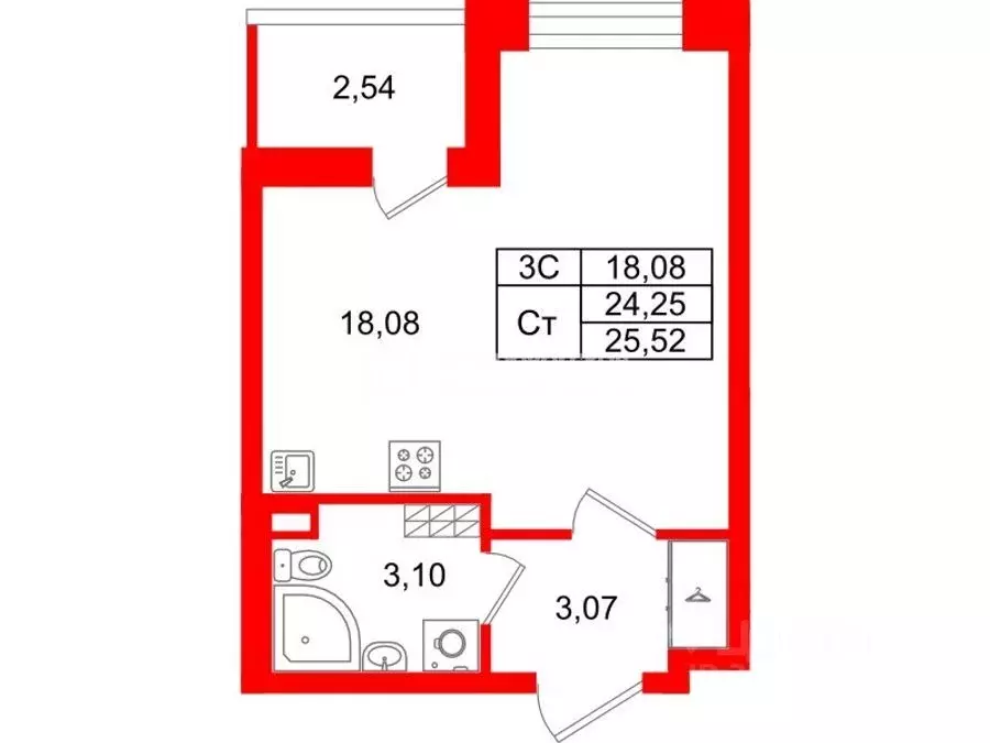 Студия Санкт-Петербург Пулковское ш., 109к4 (25.5 м) - Фото 1