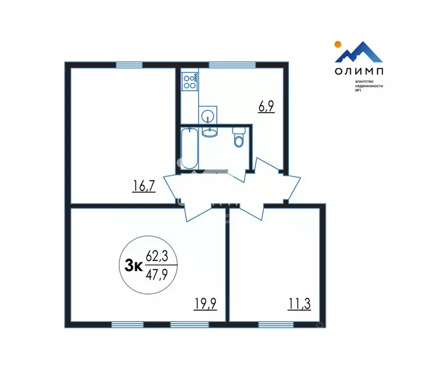 3-к кв. Вологодская область, Вологда ул. Можайского, 22А (62.3 м) - Фото 2