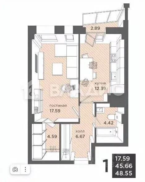1-к кв. Калининградская область, Калининград ул. Гайдара, 90 (48.57 м) - Фото 1