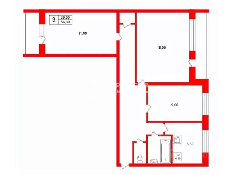 3-к кв. Санкт-Петербург Комендантский просп., 27К2 (56.8 м) - Фото 2