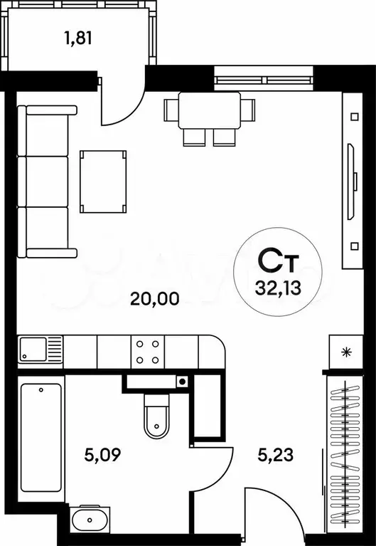 Квартира-студия, 32,1 м, 15/25 эт. - Фото 1