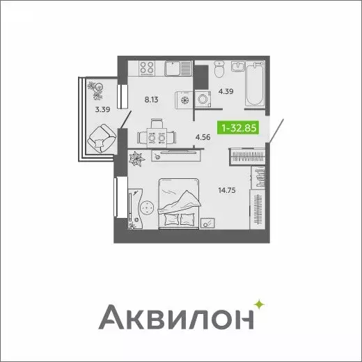 1-комнатная квартира: Архангельск, Северодвинская улица, 25А (32.85 м) - Фото 0