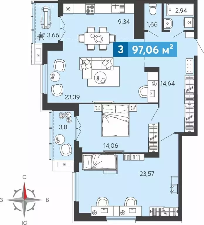 3-комнатная квартира: Засечное, Прибрежный бульвар, 5 (97.06 м) - Фото 1