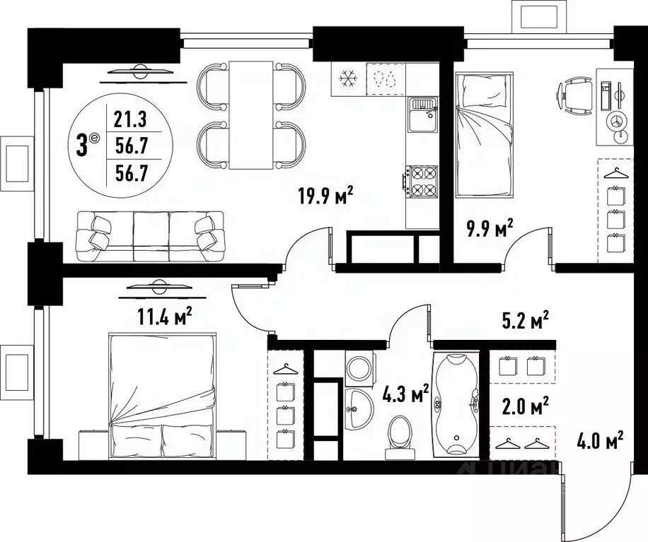 3-к кв. Астраханская область, Астрахань ул. Бэра, 29 (56.7 м) - Фото 2