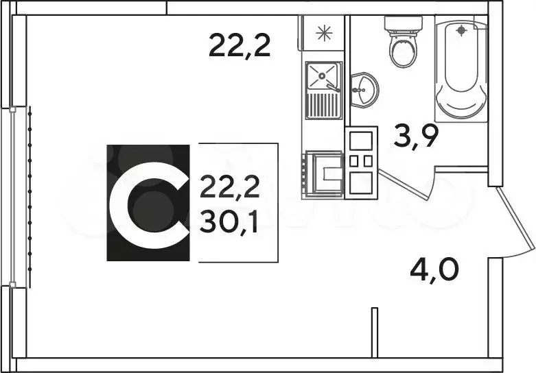 Квартира-студия, 30,1 м, 6/16 эт. - Фото 1