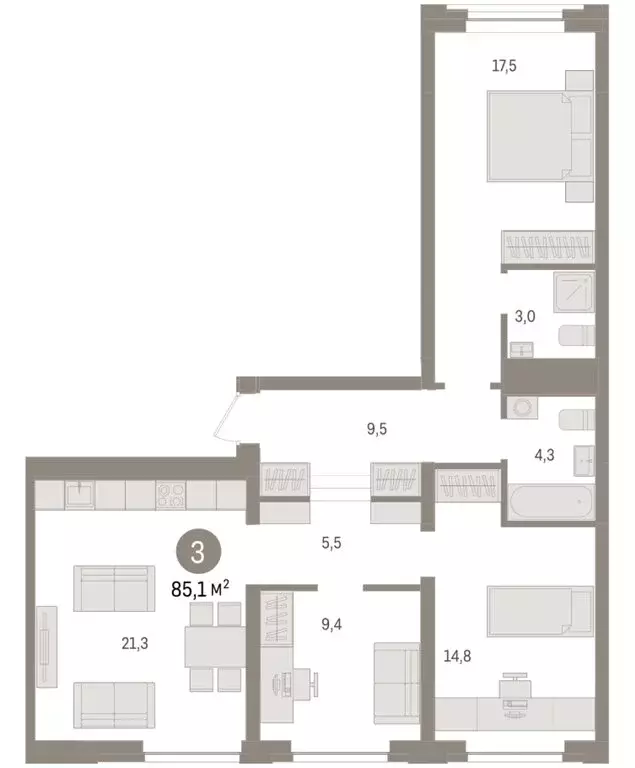 3-комнатная квартира: Тюмень, жилой комплекс Речной Порт (85.1 м) - Фото 2