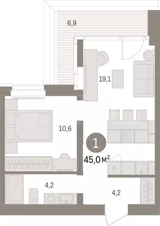 1-к. квартира, 45 м, 8/16 эт. - Фото 1